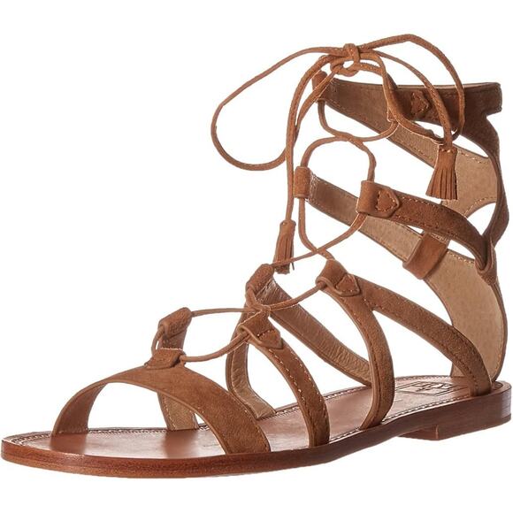 Frye Ruth Short Light Brown Leather Gladiator Sandals Size 9 Strappy Tassle Flat - Picture 1 of 11
